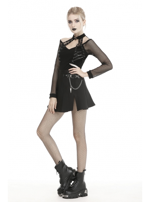 Metal Chain Decorative Leather Belt Black Punk Pleated Mini Skirt
