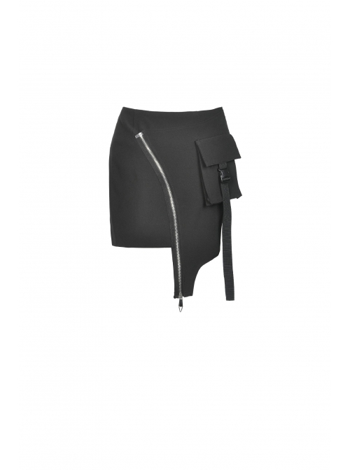 Metal Zipper Side Bag Irregular Hem Black Punk Mini Skirt