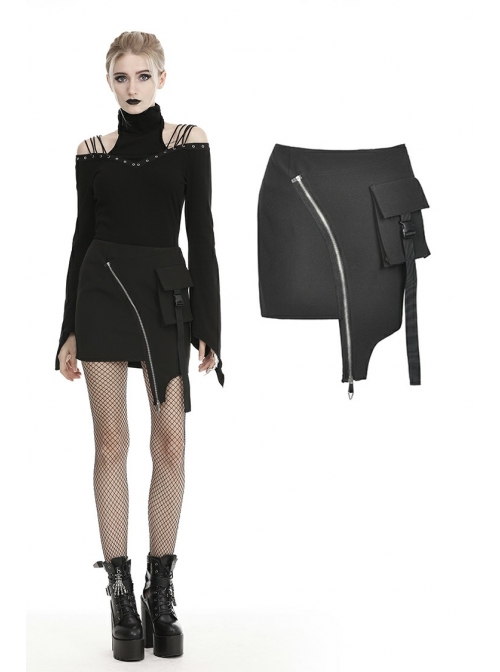 Metal Zipper Side Bag Irregular Hem Black Punk Mini Skirt