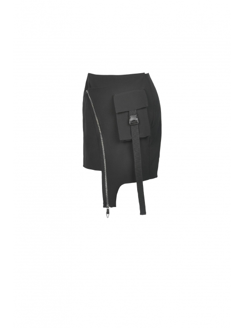 Metal Zipper Side Bag Irregular Hem Black Punk Mini Skirt
