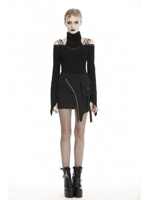 Metal Zipper Side Bag Irregular Hem Black Punk Mini Skirt