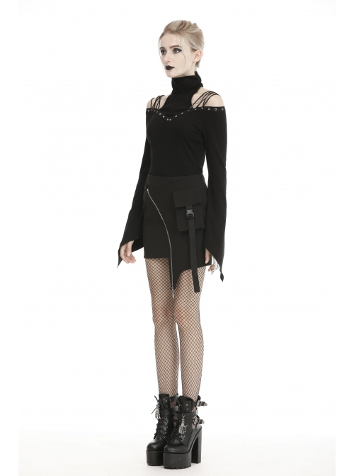 Metal Zipper Side Bag Irregular Hem Black Punk Mini Skirt