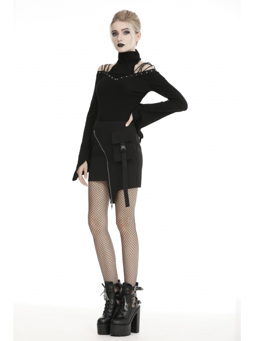 Metal Zipper Side Bag Irregular Hem Black Punk Mini Skirt