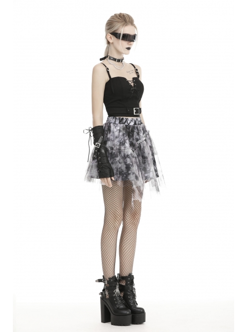 Lace Hem Grey Print Punk Mini Skirt