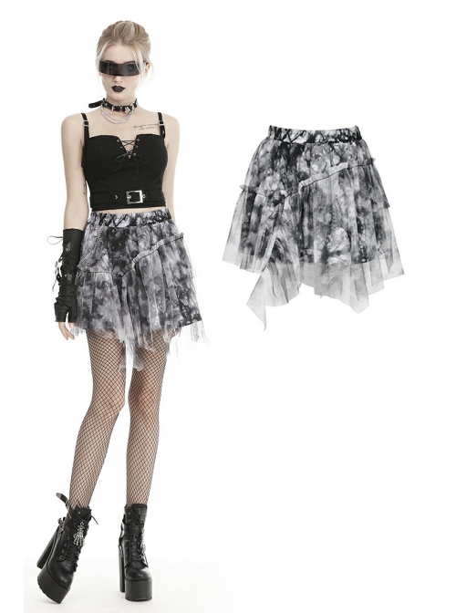 Lace Hem Grey Print Punk Mini Skirt