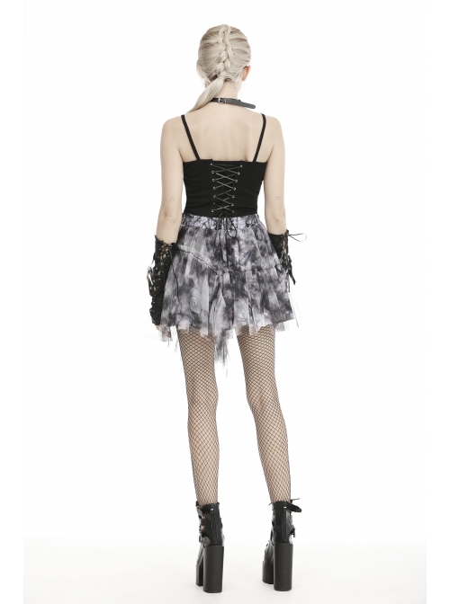 Lace Hem Grey Print Punk Mini Skirt