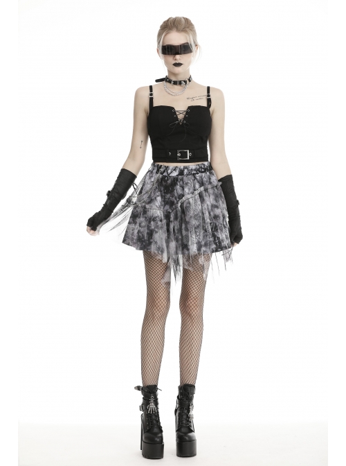 Lace Hem Grey Print Punk Mini Skirt
