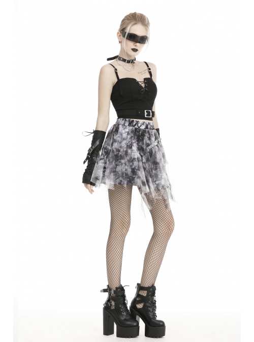 Lace Hem Grey Print Punk Mini Skirt