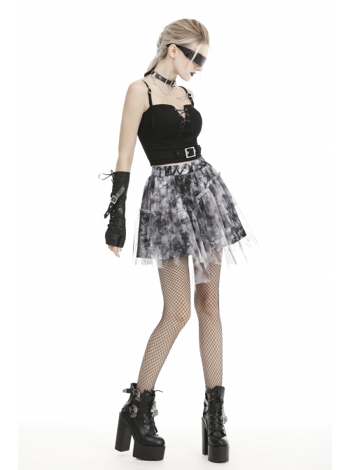 Lace Hem Grey Print Punk Mini Skirt