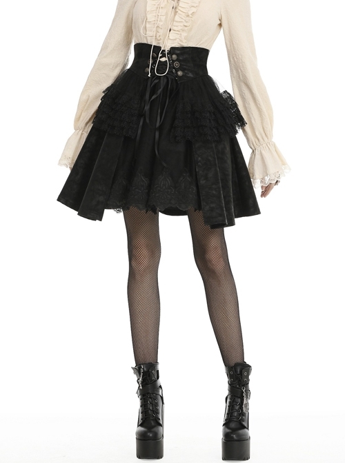Front Waist Metal Retro Button Lace-Up Lace Layered Black Punk Short Skirt
