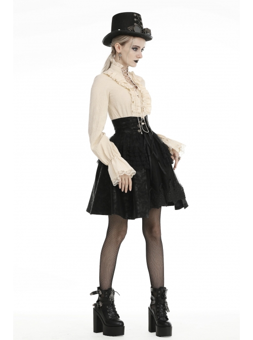 Front Waist Metal Retro Button Lace-Up Lace Layered Black Punk Short Skirt
