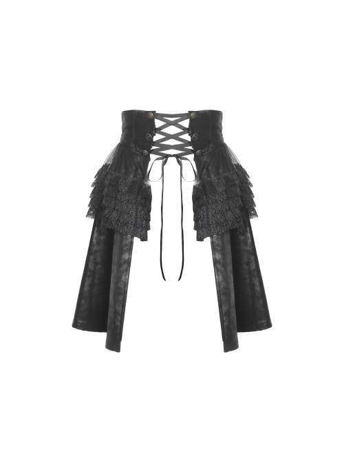 Front Waist Metal Retro Button Lace-Up Lace Layered Black Punk Short Skirt