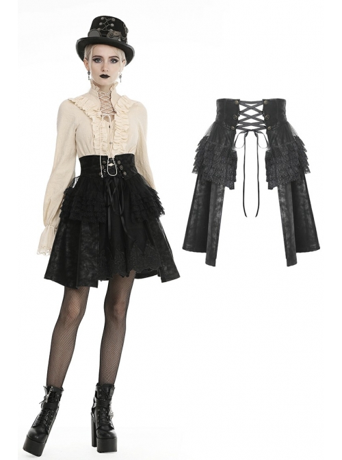 Front Waist Metal Retro Button Lace-Up Lace Layered Black Punk Short Skirt
