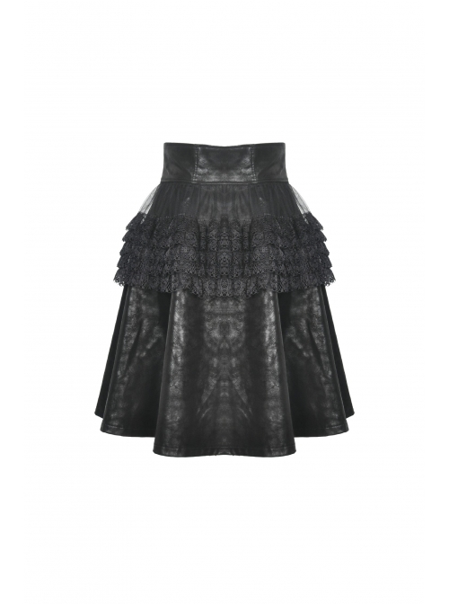 Front Waist Metal Retro Button Lace-Up Lace Layered Black Punk Short Skirt
