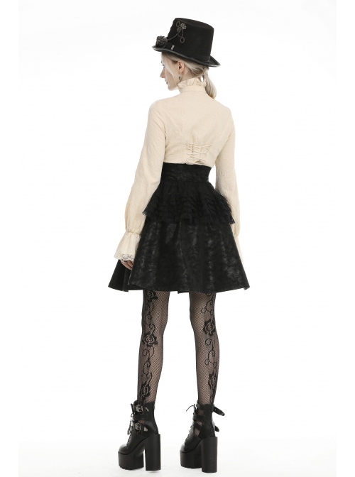 Front Waist Metal Retro Button Lace-Up Lace Layered Black Punk Short Skirt