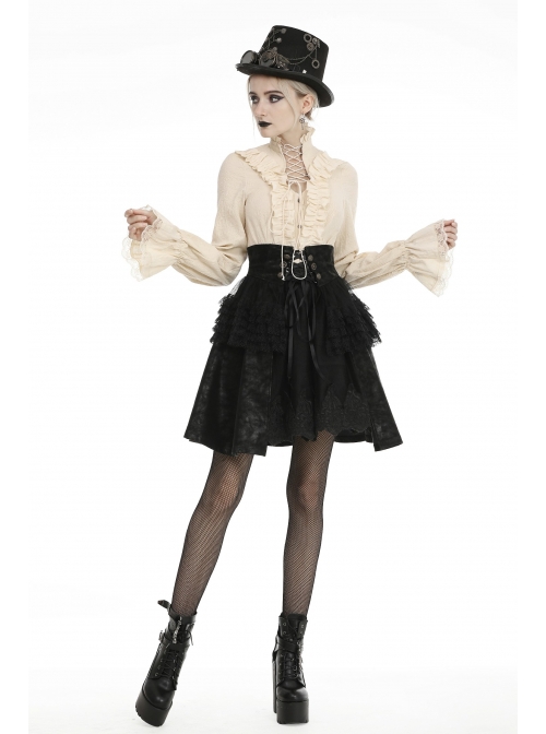 Front Waist Metal Retro Button Lace-Up Lace Layered Black Punk Short Skirt