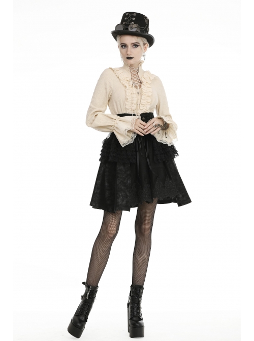 Front Waist Metal Retro Button Lace-Up Lace Layered Black Punk Short Skirt