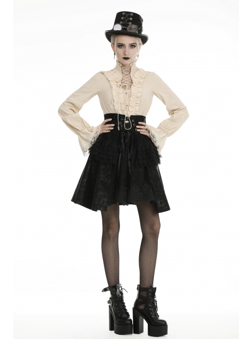 Front Waist Metal Retro Button Lace-Up Lace Layered Black Punk Short Skirt