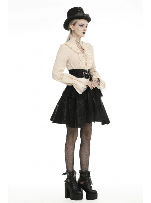 Front Waist Metal Retro Button Lace-Up Lace Layered Black Punk Short Skirt