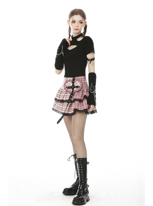 Metal Eyelets Strap Heart-Shaped Frill Lace Hem Pink Punk Pleated Short Skirt