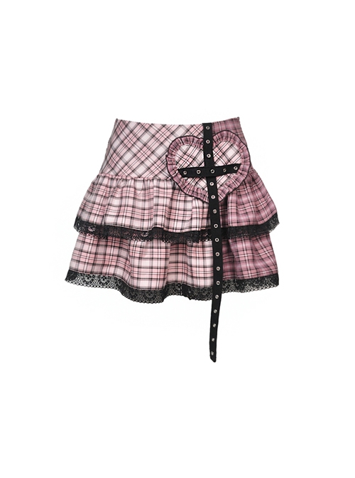 Metal Eyelets Strap Heart-Shaped Frill Lace Hem Pink Punk Pleated Short Skirt