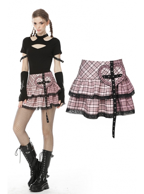 Metal Eyelets Strap Heart-Shaped Frill Lace Hem Pink Punk Pleated Short Skirt