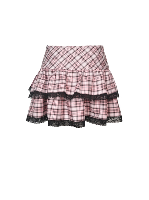 Metal Eyelets Strap Heart-Shaped Frill Lace Hem Pink Punk Pleated Short Skirt
