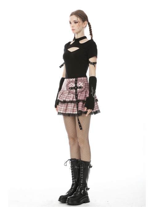 Metal Eyelets Strap Heart-Shaped Frill Lace Hem Pink Punk Pleated Short Skirt