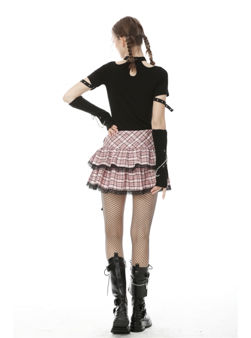 Metal Eyelets Strap Heart-Shaped Frill Lace Hem Pink Punk Pleated Short Skirt