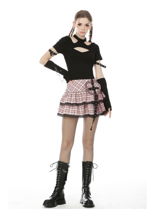 Metal Eyelets Strap Heart-Shaped Frill Lace Hem Pink Punk Pleated Short Skirt