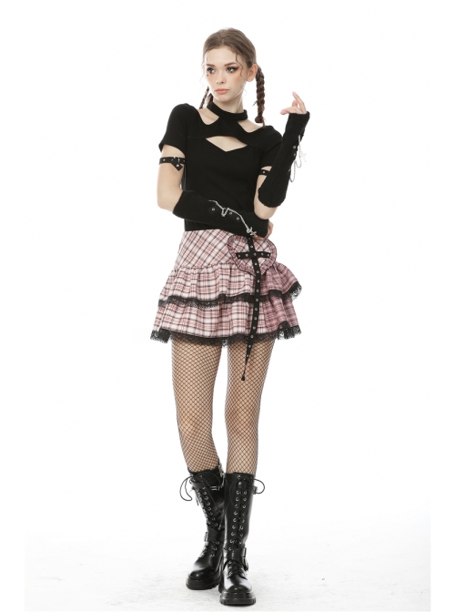 Metal Eyelets Strap Heart-Shaped Frill Lace Hem Pink Punk Pleated Short Skirt
