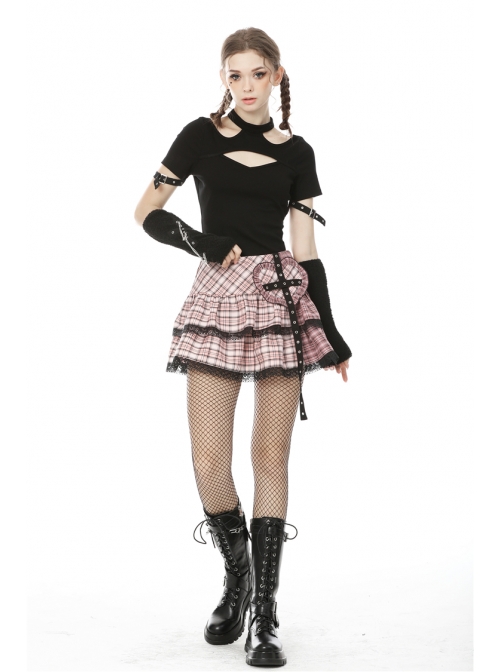 Metal Eyelets Strap Heart-Shaped Frill Lace Hem Pink Punk Pleated Short Skirt