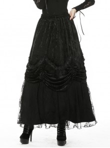 Lace-Up Frilly Lace Hem Black Gothic Maxi Skirt