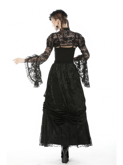 Lace-Up Frilly Lace Hem Black Gothic Maxi Skirt