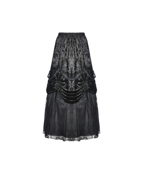 Lace-Up Frilly Lace Hem Black Gothic Maxi Skirt