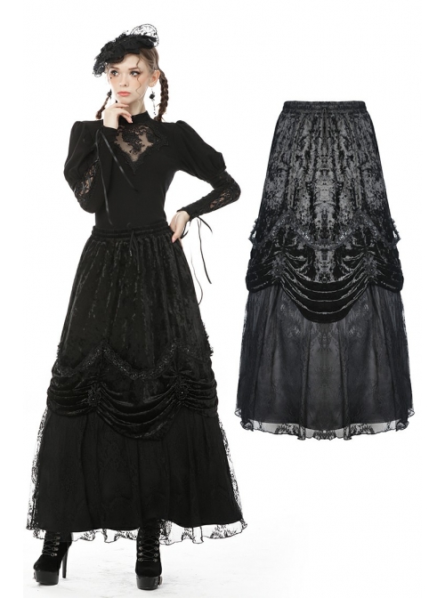 Lace-Up Frilly Lace Hem Black Gothic Maxi Skirt