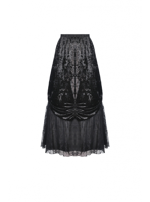 Lace-Up Frilly Lace Hem Black Gothic Maxi Skirt