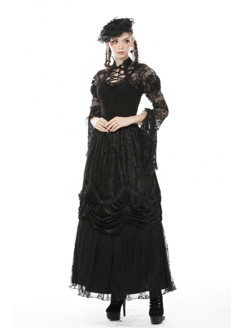 Lace-Up Frilly Lace Hem Black Gothic Maxi Skirt