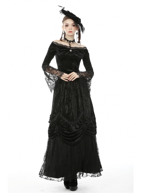 Lace-Up Frilly Lace Hem Black Gothic Maxi Skirt