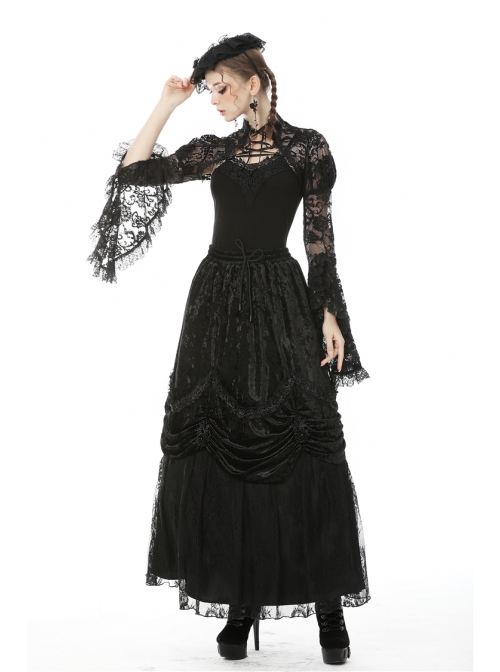 Lace-Up Frilly Lace Hem Black Gothic Maxi Skirt