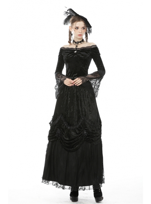 Lace-Up Frilly Lace Hem Black Gothic Maxi Skirt