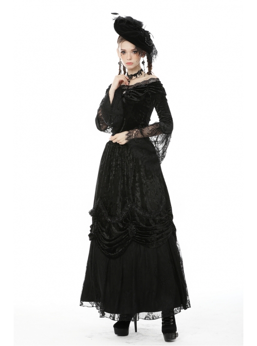 Lace-Up Frilly Lace Hem Black Gothic Maxi Skirt