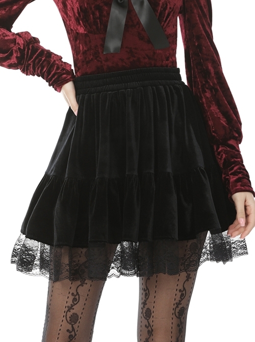 Lace Mesh Hem Black Gothic Velvet Short Skirt