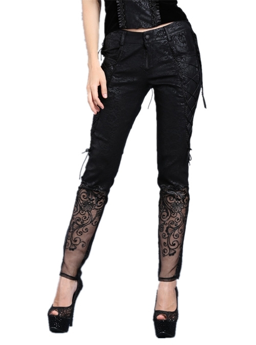 Side Lace-Up Plum Pattern Embroidered Black Punk Leather Pants