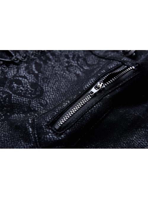 Side Lace-Up Plum Pattern Embroidered Black Punk Leather Pants