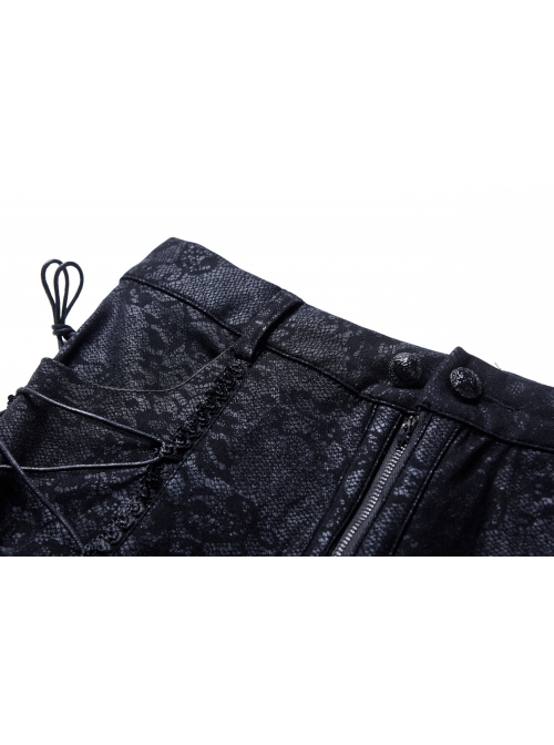Side Lace-Up Plum Pattern Embroidered Black Punk Leather Pants
