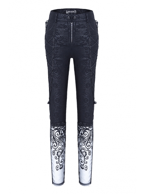 Side Lace-Up Plum Pattern Embroidered Black Punk Leather Pants