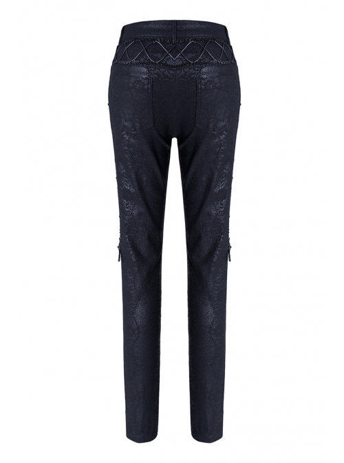 Side Lace-Up Plum Pattern Embroidered Black Punk Leather Pants