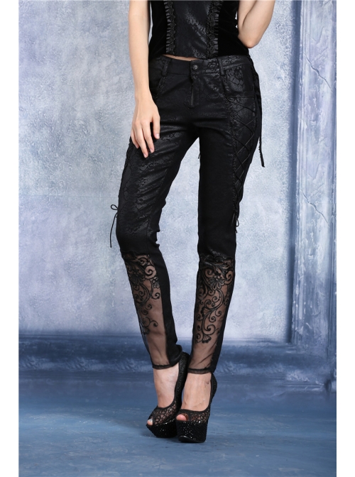 Side Lace-Up Plum Pattern Embroidered Black Punk Leather Pants