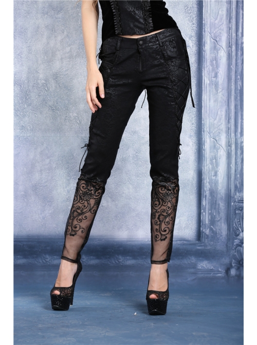 Side Lace-Up Plum Pattern Embroidered Black Punk Leather Pants